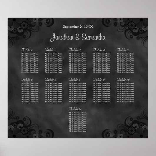 Hibiscus Black 11 Tables Wedding Seating Chart Poster (Voorkant)