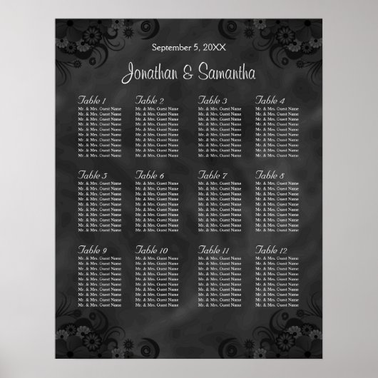 Hibiscus Black 12 Tables Wedding Seating Chart Poster (Voorkant)