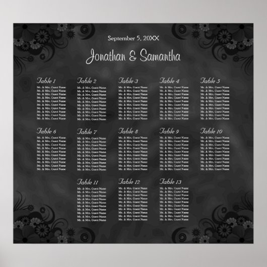 Hibiscus Black 13 Tables Wedding Seating Chart Poster (Voorkant)