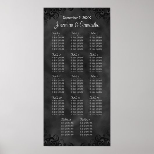 Hibiscus Black 14 Tables Wedding Seating Chart Poster (Voorkant)