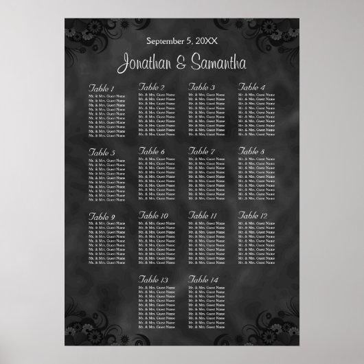 Hibiscus Black 14 Tables Wedding Seating Charts Poster (Voorkant)