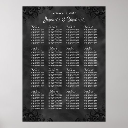 Hibiscus Black 16 Tables Wedding Seating Chart Poster (Voorkant)