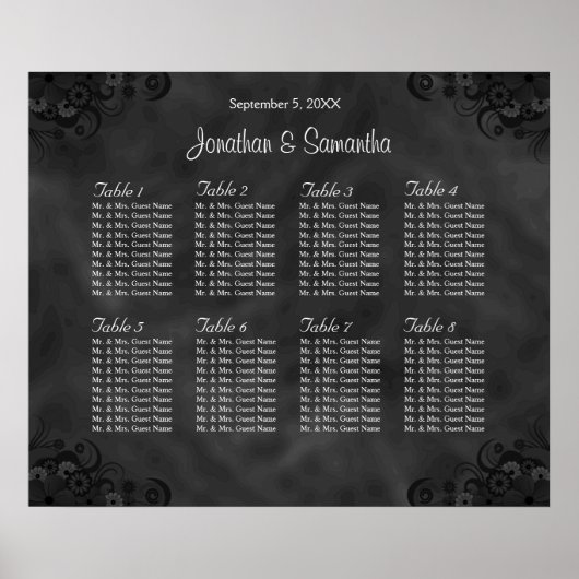Hibiscus Black 8 Tables Wedding Seding Chart Poster (Voorkant)