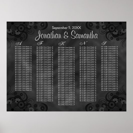 Hibiscus Black Floral Wedding Table Seating Charts Poster (Voorkant)