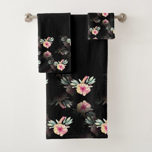 Hibiscus Black Towel Set Bad Handdoek