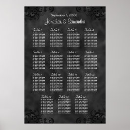 Hibiscus Black Wedding 15 Tables Seating Chart Poster