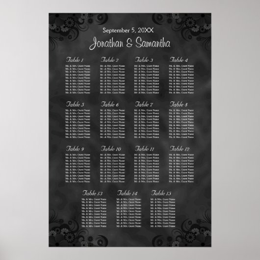 Hibiscus Black Wedding 15 Tables Seating Chart Poster (Voorkant)