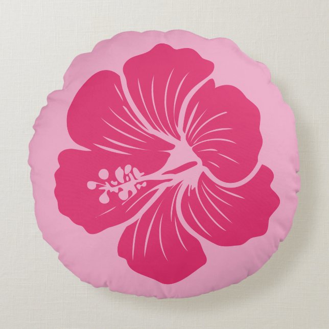 Hibiscus Bloem Heet Roze Omlijning Tekening Rond Kussen (Voorkant)