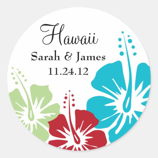 Hibiscus Bloem Monogram Bruiloft Ronde Sticker (Voorkant)