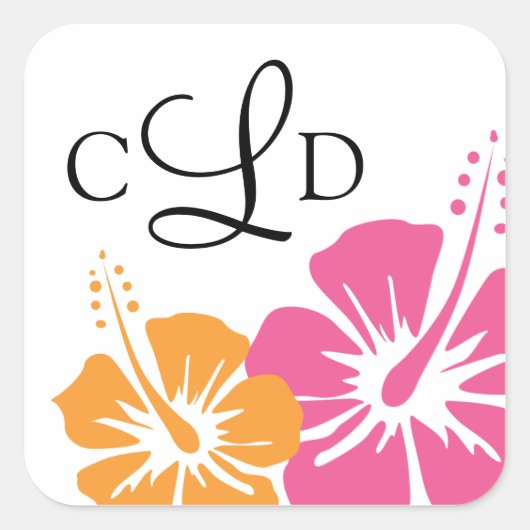 Hibiscus Bloem Monogram Bruiloft Vierkante Sticker (Voorkant)