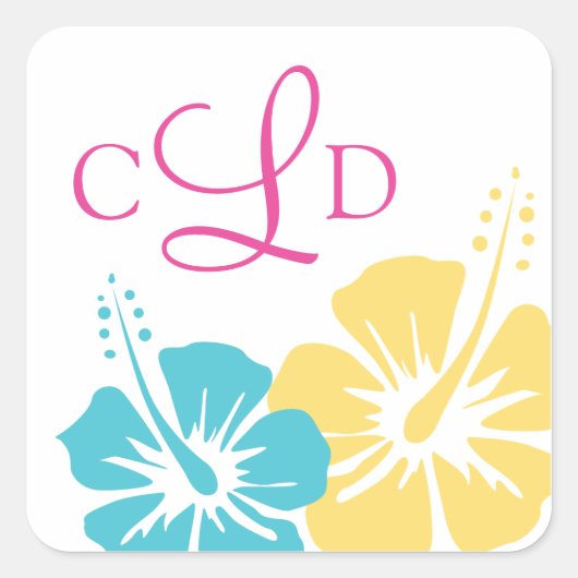 Hibiscus Bloem Monogram Bruiloft Vierkante Sticker (Voorkant)
