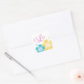 Hibiscus Bloem Monogram Bruiloft Vierkante Sticker (Envelop)