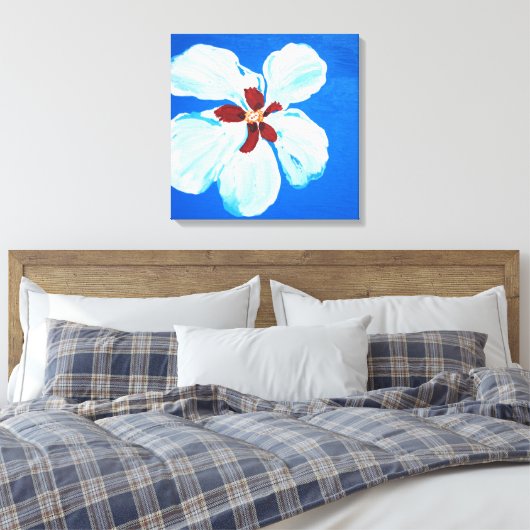 Hibiscus Bloem op Blauw Origineel Acryl Schilderen Canvas Afdruk (Insitu (Slaapkamer))
