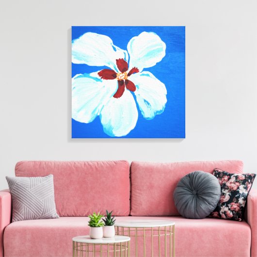 Hibiscus Bloem op Blauw Origineel Acryl Schilderen Canvas Afdruk (Insitu (Woonkamer))