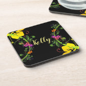 Hibiscus bloem tropisch bloemgeel roze zwart bier onderzetter (Linkerzijde)