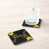 Hibiscus bloem tropisch bloemgeel roze zwart bier onderzetter (Rechterzijde)