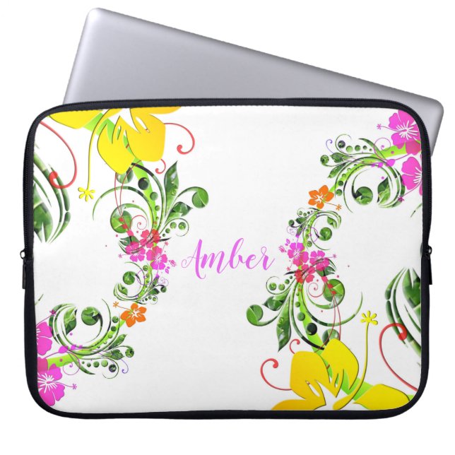 Hibiscus bloem tropische bloemen wit roze groen laptop sleeve (Voorkant)