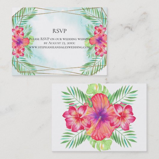Hibiscus Bloem Waterverf Strand Bruiloft RSVP Visitekaartje (Voorkant / Achterkant)