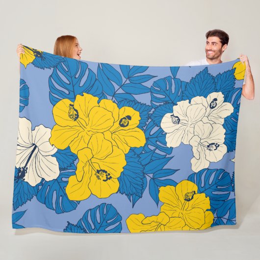 Hibiscus bloemen en bladeren fleece deken (In situ)