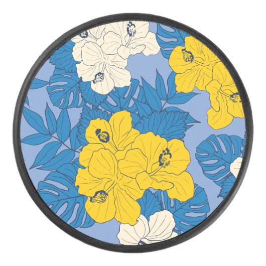 Hibiscus bloemen en bladeren hockey puck (Voorkant)
