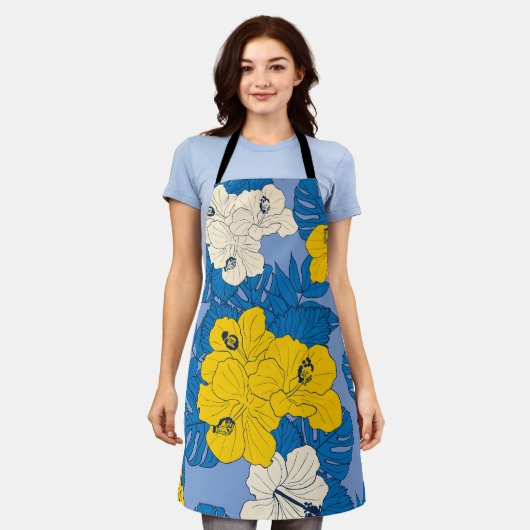 Hibiscus bloemen en bladeren schort (Gedragen)