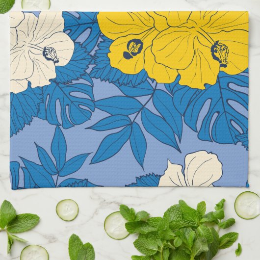 Hibiscus bloemen en bladeren theedoek (Gevouwen)