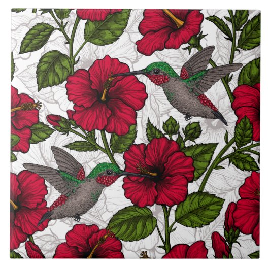 Hibiscus bloemen en kolibrie tegeltje (Voorkant)