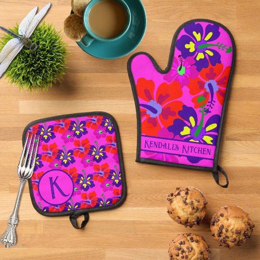 Hibiscus Bloemen Heet Roze Gepersonaliseerd Ovenwant & Pannenlap Set