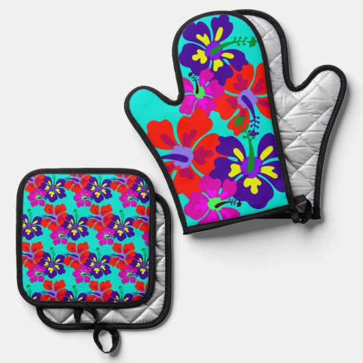 HIbiscus Bloemen Ovenwant & Pannenlap Set (Voorkant / Achterkant)