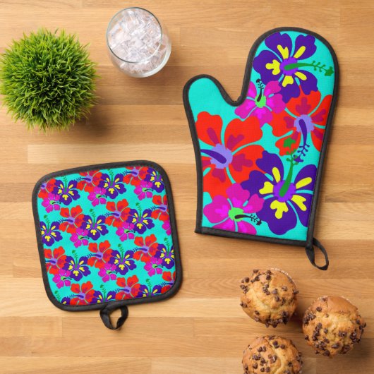 HIbiscus Bloemen Ovenwant & Pannenlap Set (Top down)