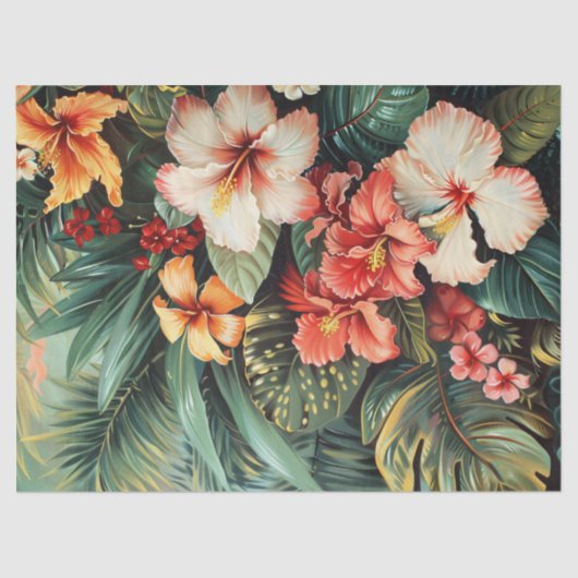 Hibiscus Bloemen Palm Fronds Tropische Decoupage Tissuepapier (Voorkant)