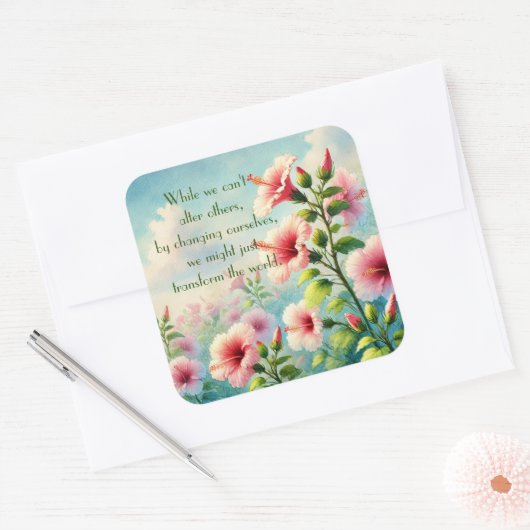 Hibiscus Bloemen & Quote Vierkante Sticker (Envelop)