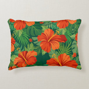 Hibiscus Bloemen Rood Oranje Groen Jungle Loof Accent Kussen