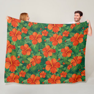 Hibiscus Bloemen Rood Oranje Groen Jungle Loof Fleece Deken