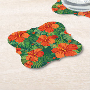 Hibiscus Bloemen Rood Oranje Groen Jungle Loof Kartonnen Onderzetters