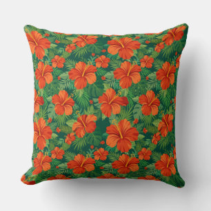 Hibiscus Bloemen Rood Oranje Groen Jungle Loof Kussen