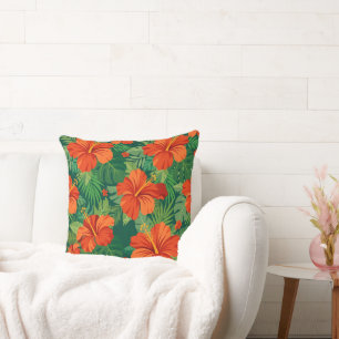 Hibiscus Bloemen Rood Oranje Groen Jungle Loof Kussen