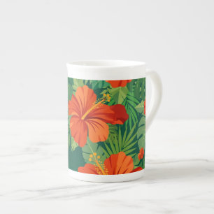 Hibiscus Bloemen Rood Oranje Groen Jungle Loof Porselein Kop