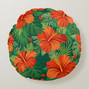 Hibiscus Bloemen Rood Oranje Groen Jungle Loof Rond Kussen