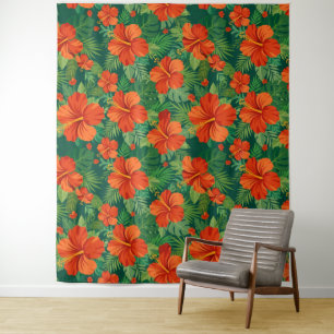 Hibiscus Bloemen Rood Oranje Groen Jungle Loof Wandkleed
