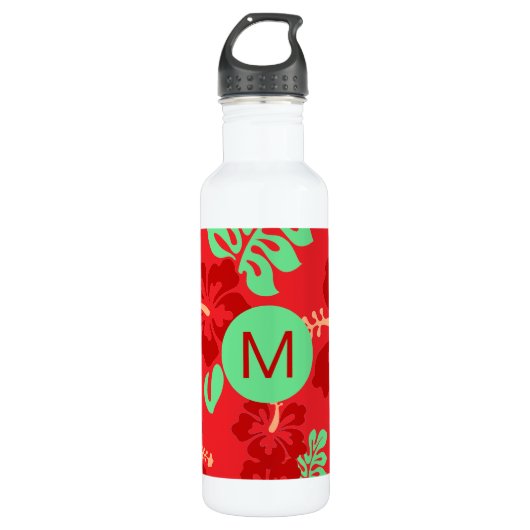 Hibiscus bloemen rood tropisch patroon monogram waterfles  (Voorkant)