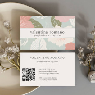 Hibiscus Bloemen Roze blauwe salie wit QR code Visitekaartje