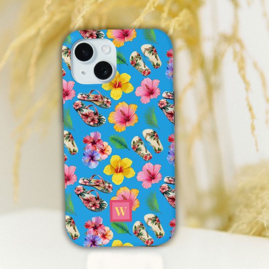 Hibiscus Bloemen Teenslippers Roze Monogram op Bla Case-Mate iPhone Case