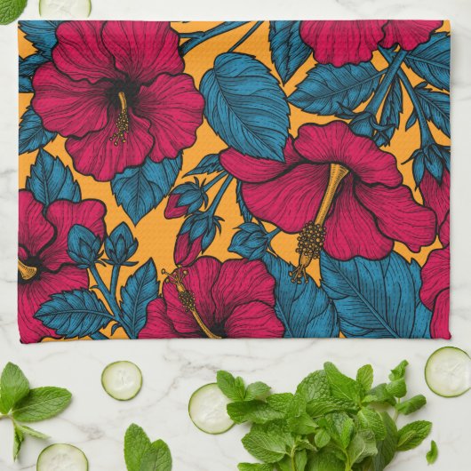 Hibiscus bloemen theedoek (Gevouwen)