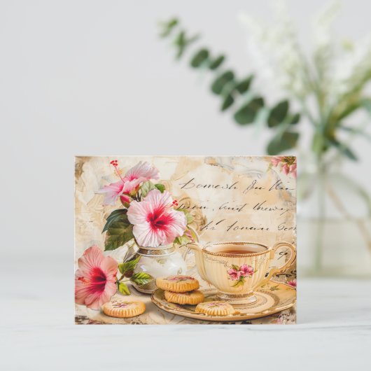 Hibiscus Blossoms with Fantasy Script and Tea Cup Briefkaart (Staand voorkant)
