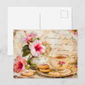 Hibiscus Blossoms with Fantasy Script and Tea Cup Briefkaart (Voorkant / Achterkant)