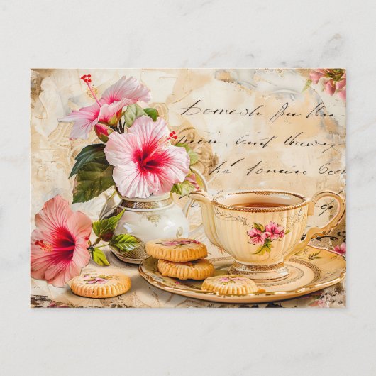 Hibiscus Blossoms with Fantasy Script and Tea Cup Briefkaart (Voorkant)