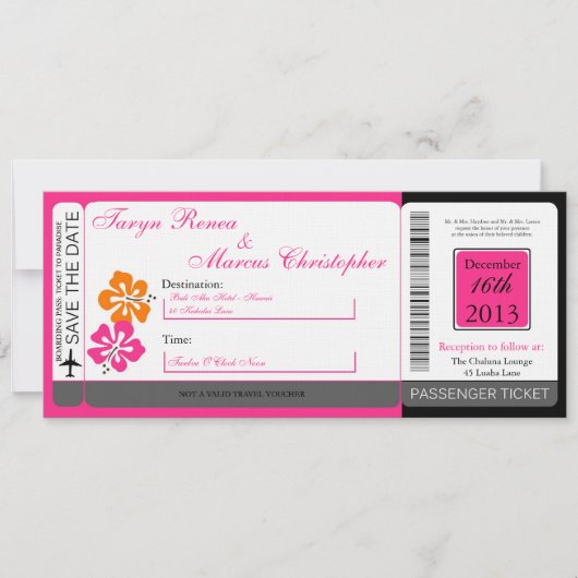 Hibiscus Boarding Pass Linen Wedding Invitation Kaart (Voorkant)