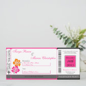 Hibiscus Boarding Pass Linen Wedding Invitation Kaart (Staand voorkant)