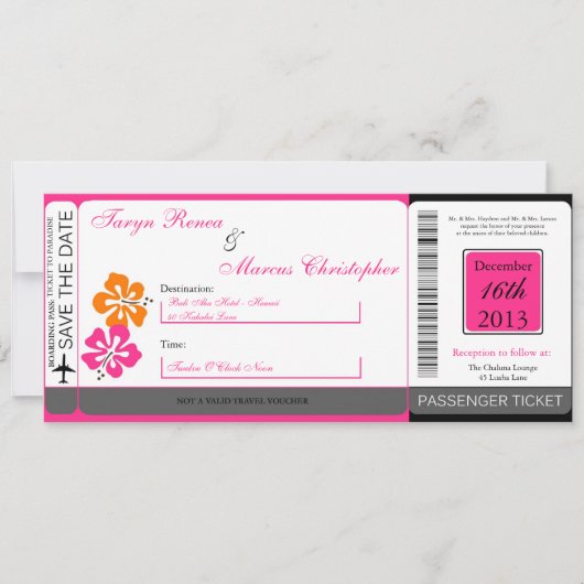 Hibiscus Boarding Pass Linen Wedding Invitation Kaart (Voorkant)
